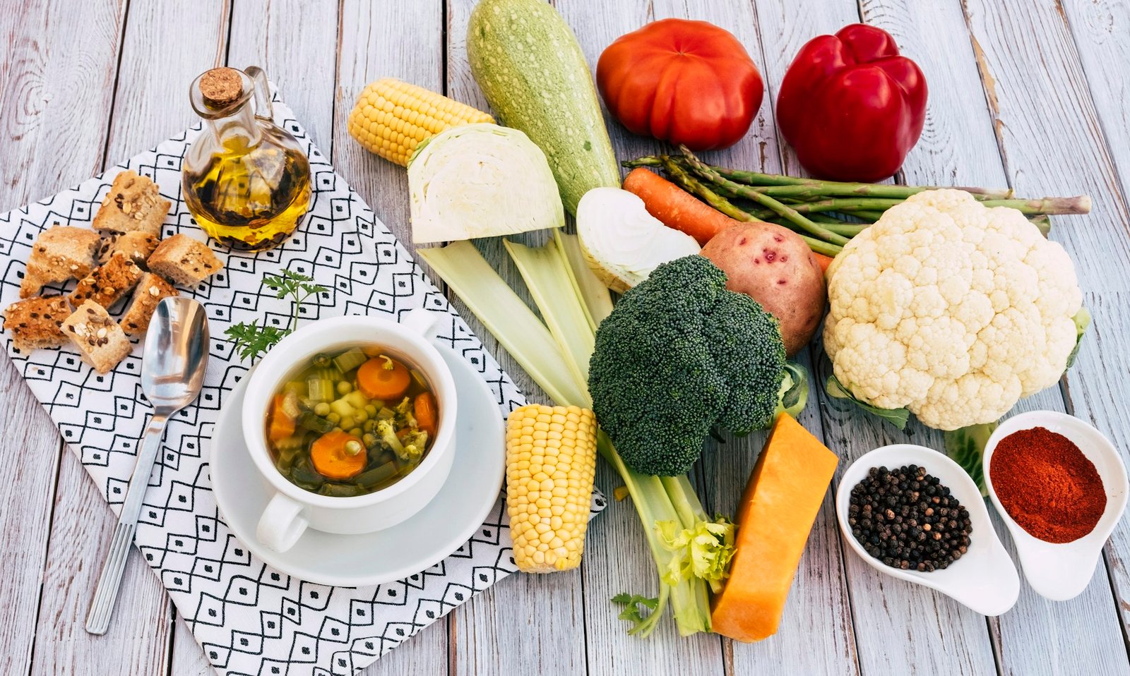 Concept of healthy and diet meal. A fresh, ready-to-eat homemade vegetable soup. Raw vegetables